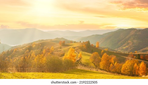 Ukraine. Warm autumn in a Transcarpathian village. birch and pine forests and Hutsul houses against the backdrop of the Synevyr Pass ridge are very beautiful with bright colors. Carpathian mountains.  - Shutterstock ID 2192222505
