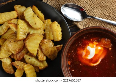 Ukrainian Borscht With Sour Cream And Fried Potatoes. Ukrainian Food.