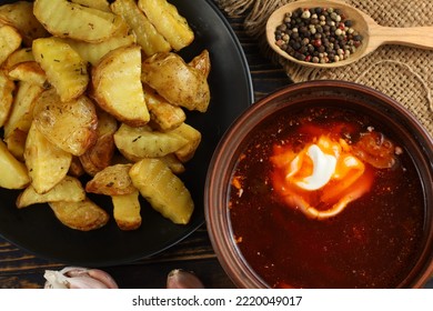 Ukrainian Borscht With Sour Cream And Fried Potatoes. Ukrainian Food.