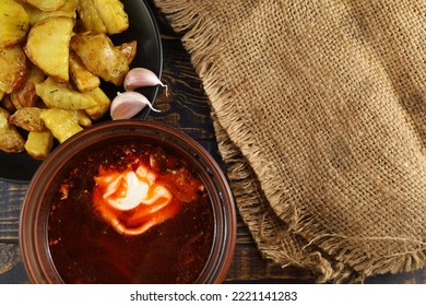 Ukrainian Borscht With Sour Cream And Fried Potatoes. Ukrainian Food.