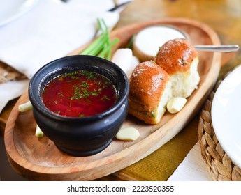 Ukrainian Borscht With Sour Cream In A Restaurant.