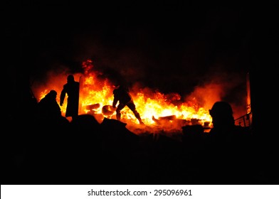 Ukrainian Crisis.Protester Burn Tires To Stop The Riot Police. Street Fights In Kyiv, Ukraine. Ukraine Crisis. Fires Of A Revolution.