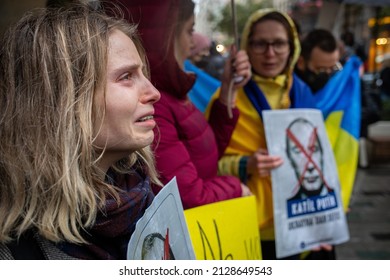 Ukrainian demonstrators, holding banners and Ukrainian flags, protested Russias intervention in Ukraine in front of the Russian Consulate General on Istiklal Street,Istanbul,Turkey on February 24,2022