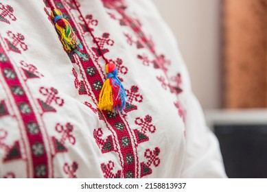 Ukrainian Embroidered Women's Folk Shirt - Vyshyvanka. Decorative Tassel In Red-blue-yellow Color