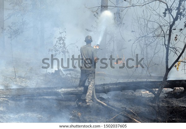 Ukrainian fireman team in the forest. A lot of\
forest wildfires at dry september. September 10, 2019. Near Kiev,\
Ukraine.