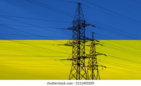 Ukrainian Flag With Electric Tower And Lines. Energy Supply In Ukraine. High Electricity And Energy Market Prices. Crisis Situation.