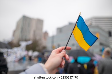 Ukrainian flag on the background of the rally. No war. Support for Ukraine