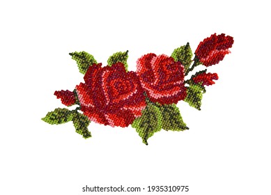 Ukrainian Folk Embroidery, Embroidered Flowers Isolated On White Fabric, Fabric Decor, Hand Embroidery