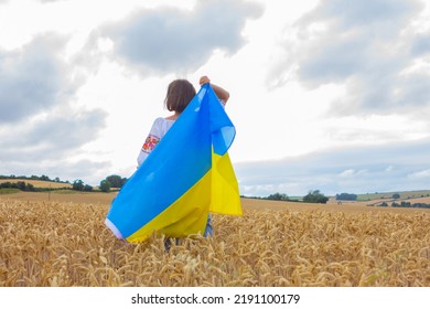 Ukrainian Girl With A Big Yellow-blue Flag Stands In A Wheat Field, Back View. National Woman Clothes And Symbols Of Ukraine, Patriotism, Independence Day And Other Holidays.
