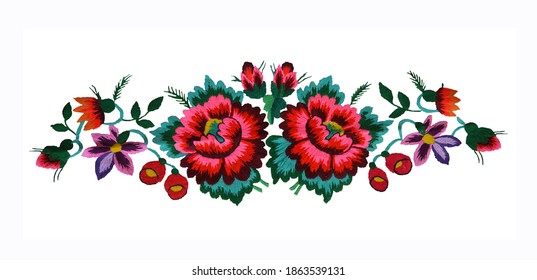 Ukrainian Hand Embroidery. Embroidered Flowers In The Old Style. Composition Of Flowers. Isolated On A White Background.