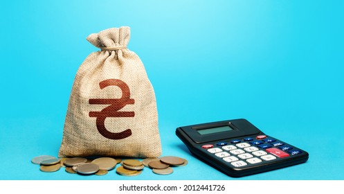 Ukrainian Hryvnia Money Bag And Calculator. Accounting Concept. Summing Up. Analytics Of Credit Conditions. Profitable Investments, Financial Market Liberalization. Insurance Payment Calculation.