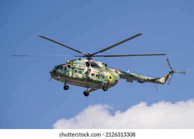 Ukrainian military helicopter taking off on an airshow
