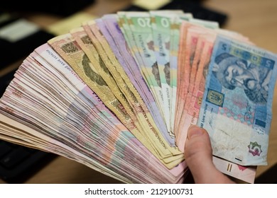 Ukrainian Money Ukraine Hryvnia Paper Notes (UAH). Large Pile Of Ukraine Grivna Cash. Ukraine’s Banking System And Economy Crisis Concept.