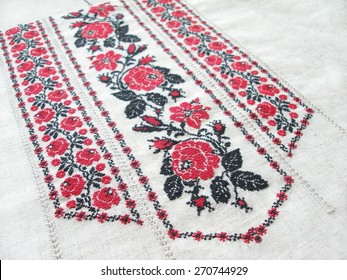 Ukrainian national embroidery cross on bleached linen with faggoting elements