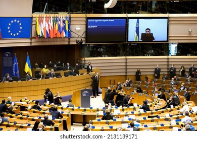 Ukrainian President Volodymyr Zelenskiy addresses the European Parliament special session, from a screen, to debate its response to the Russian invasion of Ukraine, in Brussels, Belgium March 1, 2022.