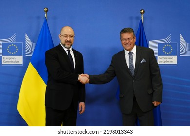 Ukrainian Prime Minister Denys Shmyhal Welcomed By Vice President Of The European Commission Maros Sefcovic Prior To Their Meeting In Brussels, Belgium On September 05, 2022.