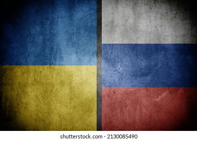 Ukrainian and Russian flag on grunge background wall in relation to their current war. - Shutterstock ID 2130085490