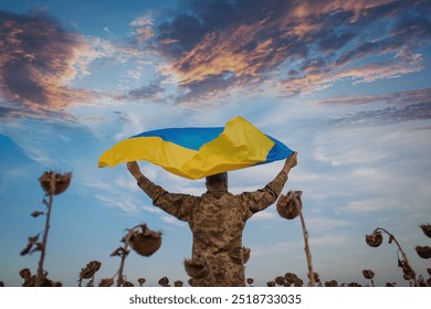 Ukrainian soldier holds Ukrainian flag in sunflower field. Remembrance Day concept for fallen soldiers - Powered by Shutterstock