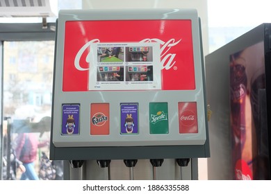 ULAANBAATAR, MONGOLIA - March 18 2019 : Soft Drink Dispenser In A Convenience Store