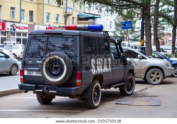 Ulan Bator, Mongolia -\
July 31 2018: 4x4 of the SWAT parked outside of a police station in\
the capital.