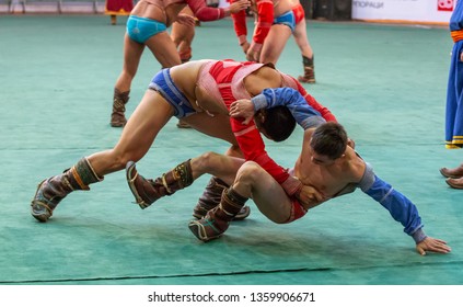 Ulannbaatar, Mongolia, 27th September 2015: Mongolian Wrestlers Wrestling