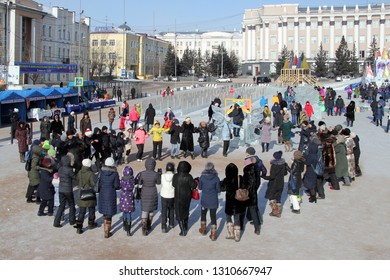 Ulan-Ude, Buryatia, Russia. 05/02/2019 The Holiday Of The White Month, The Beginning Of The Year According To The Buddhist Calendar.  People Dancing 