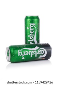 ULAN-UDE, RUSSIA - August 09, 2018: Two Carlsberg beers in aluminium can isolated white background. 