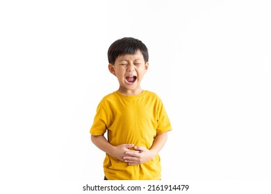 Ulcerative Colitis Or Hepatitis B Liver Virus Concept.Kid Asian Child Boy Stomach Pain On White Background.food Poisoning.childhood Pain On His Tummy.bellyache.medicine Medical Health.hepatitis Virus.