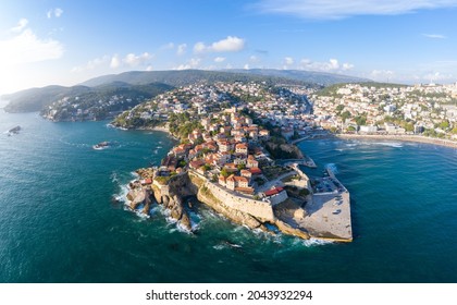 Ulcinj Montenegro Old Town On The Mediterranean Coast Is Popular Tourist Destination For Family Vacations And Holiday, Populated Mainly By Albanian Ethnicity. Drone Aerial View Of The Sunny Cityscape.