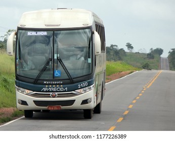 Ulianopolis/Para/Brazil - February 25, 2014: Bus Of The Company Viacao Aparecida That Makes The Transport Of Passengers Between The Cities Of Paragominas / PA And Acailandia / MA