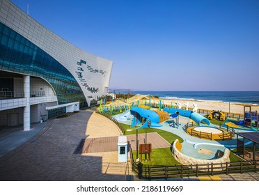 Uljin-gun, Gyeongsangbuk-do, South Korea - January 19, 2022: High Angle View Of Outdoor Swimming Pool And Rides Besides Building Of National Maritime Science Museum Against Blue Sea
