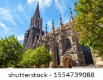 Ulm Minster, Cathedral of Ulm city, Germany. Ulmer or Munster on German is famous landmark of Ulm. Panorama of ornate facade of Gothic church in summer. Nice scenery of medieval European architecture