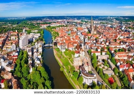 Ulm Minster or Ulmer Munster aerial panoramic view, a Lutheran church located in Ulm, Germany. It is currently the tallest church in the world.