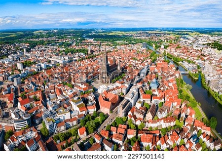 Ulm Minster or Ulmer Munster Cathedral aerial panoramic view, a Lutheran church located in Ulm, Germany. It is currently the tallest church in the world.