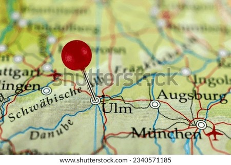 Ulm pin map. Close up of Ulm map with red pin. Map with red pin point of Ulm in Germany.