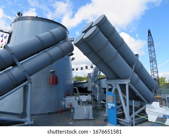 Ulsan,korea-October,8th,2017;Harpoon Missile Launcher On Ulsan Class Frigate.