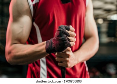 Ultimate Fighter Getting Ready, Muscled Boxer Wearing Black Strap On Wrist