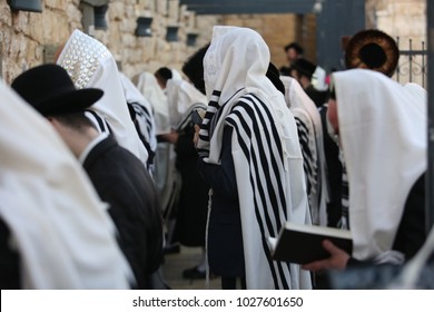 Ultra Orthodox Jewish Men Covered In Tallit Pray By The Tomb Of Rabbi Shimon Bar Yochai In Meron