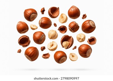 Ultra realistic floating hazelnut composition featuring whole hazelnuts, hazelnut kernels, cracked hazelnut shells, shell halves, and natural hazelnut fragments suspended in mid air. Isolated on a pure white background with authentic brown shell texture, creamy nut interiors, realistic organic details, and soft natural shadows. Professional food ingredient photography ideal for chocolate products, confectionery ingredients, healthy snacks, nut products, food packaging, advertising, and commercial marketing. High resolution stock image with clipping path style presentation and premium microstock quality.