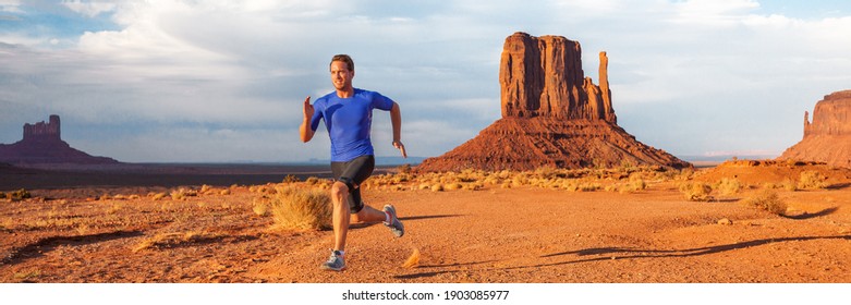 Ultra running trail athlete runner man training long distance endurance doing sprinting exercise desert in mountain landscape on outdoor run. Monument valley, USA banner panoramic. Sport lifestyle. - Shutterstock ID 1903085977