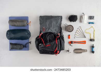 Ultralight, lightweight outdoor, hiking, camping equipment. View from above. - Powered by Shutterstock