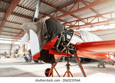 Ultralight Small Private Aircraft Airplane On Repair In The Hangar At The Aerodrome Airport