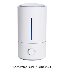 Ultrasonic Cool Mist Humidifier Isolated on White. Front View White & Blue Modern Crane Drop Humidifier. Electric Small Appliance. Household Domestic Steam Appliances. Air Moisture Equipment