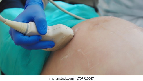 Ultrasound Examination In Doctors Office. Close Up Shot On The Ultrasound Transducer On Mothers Belly