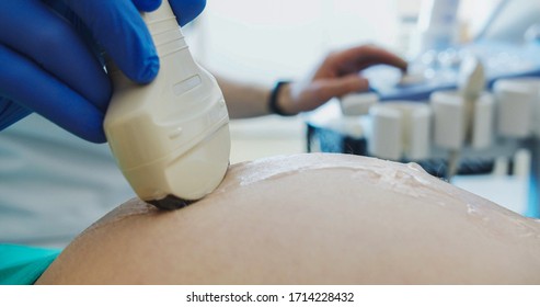 Ultrasound Examination In Doctors Office. Close Up Shot On The Ultrasound Transducer On Mothers Belly