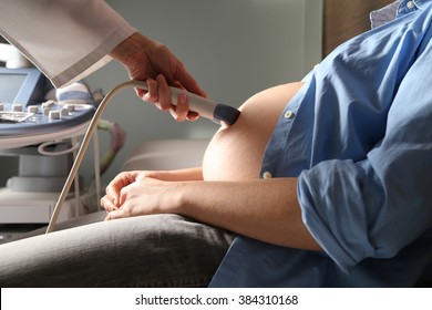 Ultrasound examination of the fetus. Pregnant woman in gynecological surgery. Gynecologist. Woman in gynecological surgery.  Prenatal testing