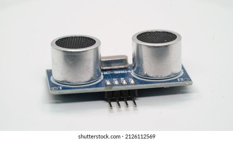 Ultrasound IR detection sensor electronic component module ultrasonic. Small single board computer, device for study at white isolated. Electronics diy robotics chip microcontroller.