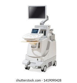 Ultrasound Machine Isolated On White. Pediatric Adult Cardiology Hospital Equipment. Cardiovascular Imaging Ultrasound System. Ultrasonography Machine. Diagnostic Sonography. Medical Diagnostic Device