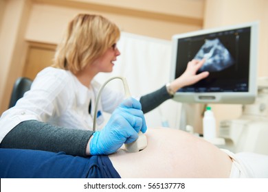 Ultrasound test. Pregnancy. Gynecologist checking fetal life with scanner.