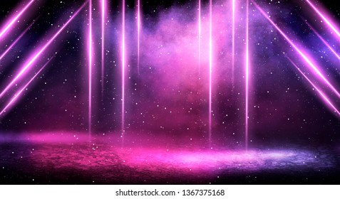Ultraviolet background of empty foggy street with wet asphalt, illuminated by a searchlight, laser beams, smoke - Shutterstock ID 1367375168